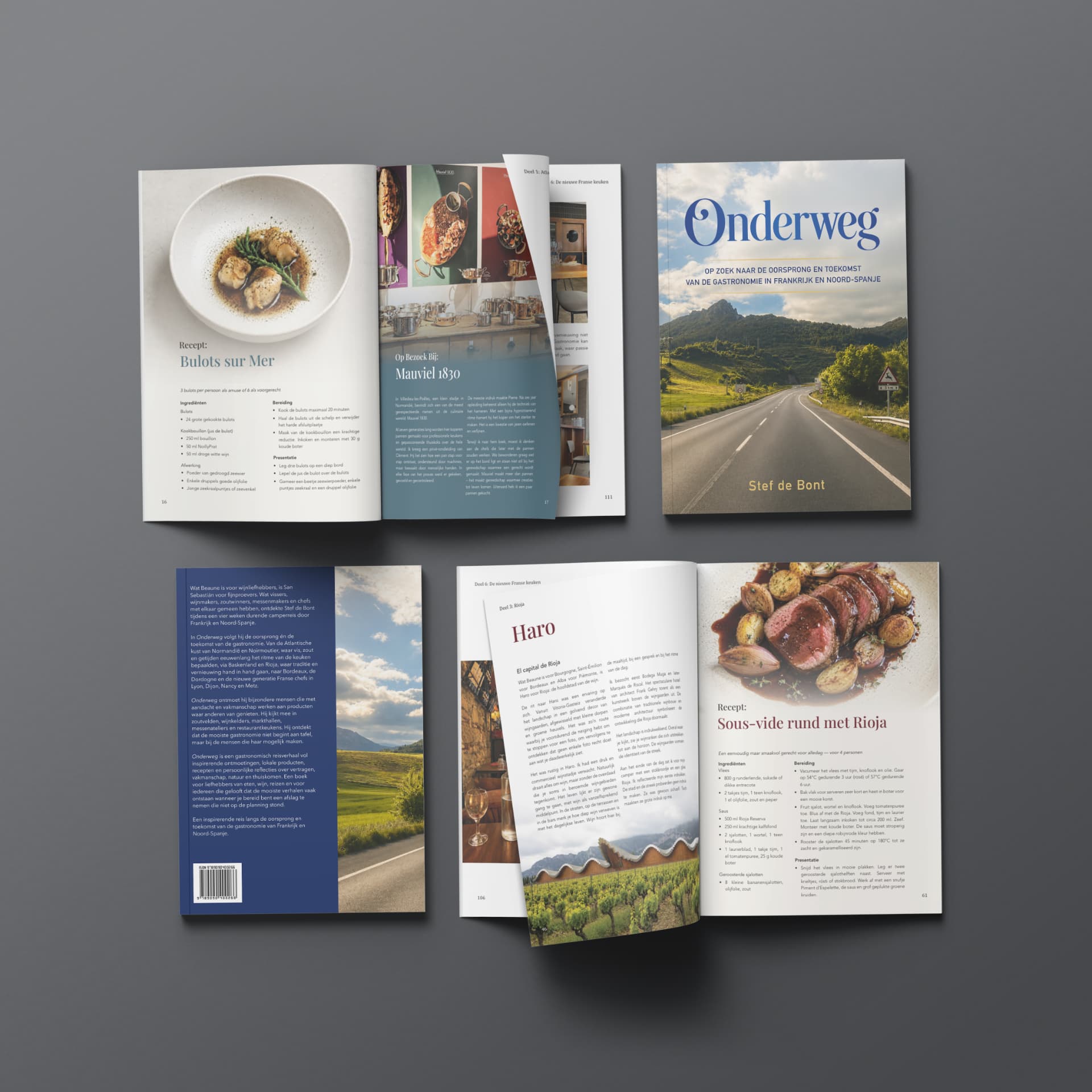 Inkijkexemplaar van het boek Onderweg — spreads met recepten, reisverhalen en fotografie